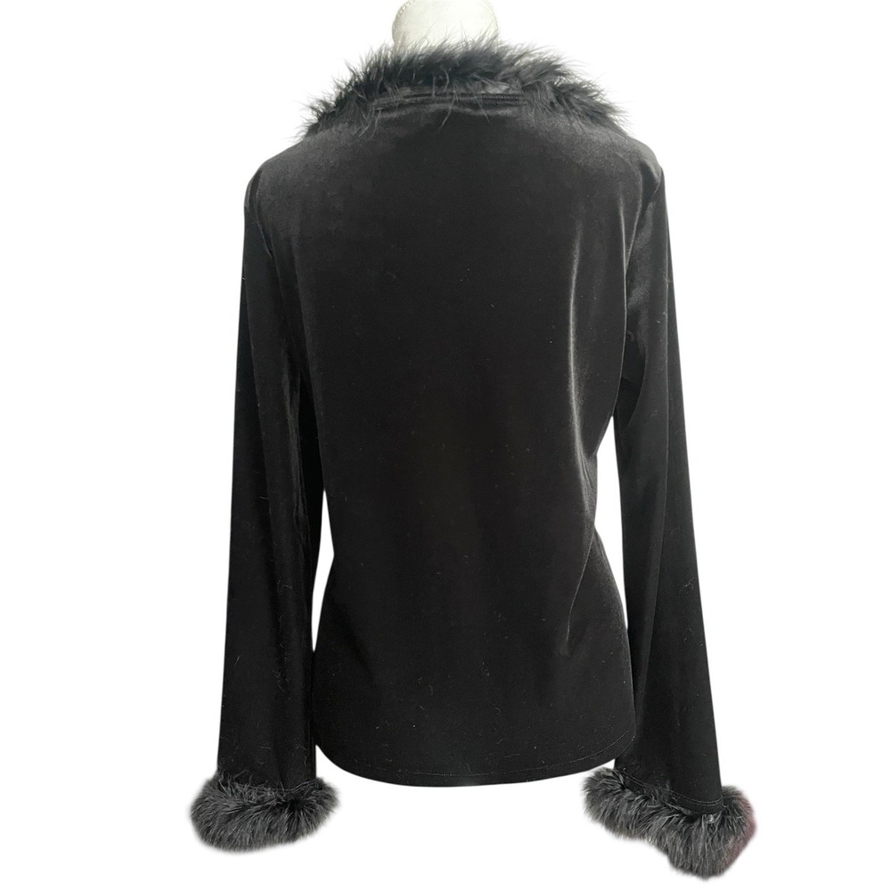 Vintage 90s Black Velvet Long Sleeve Top Fur Feather Trim Vampy Gothic Glam Sz M - Picture 8 of 12